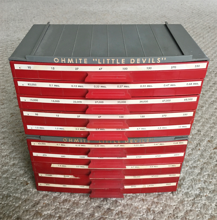 Photo Vintage OHMITE “LITTLE DEVILS” 10 Drawer Cabinet w/ Lots of Fixed Power Resistors