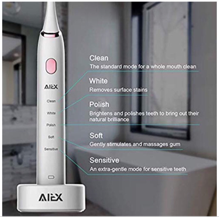 Photo Sonic Electric Toothbrush with 3 Replacement Heads Rechargeable Electronic Toothbrush with Holder White Travel Toothbrush with 5 Modes/IPX7 Waterproo