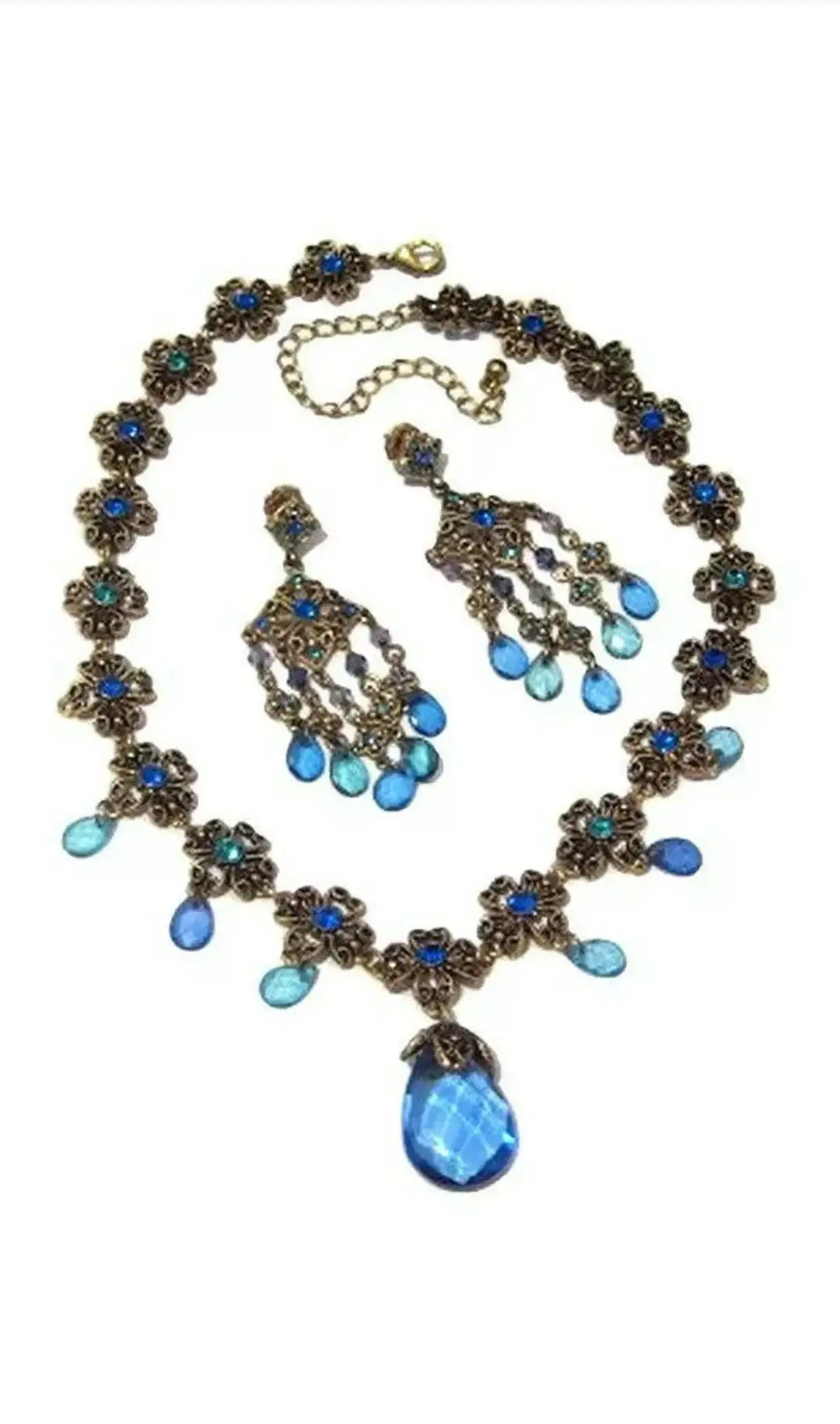 Photo Blue & Teal teardrop dangle Necklace & matching earrings giftset by Avon NIB