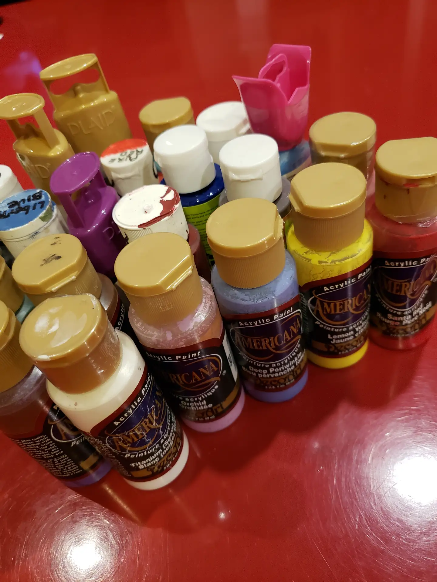 Photo 22 bottles of color paint for water painting, decoring, stencil craft on wall, lamp shade, for any DIY project. At least 3/4 full or more. Lots of them like full.